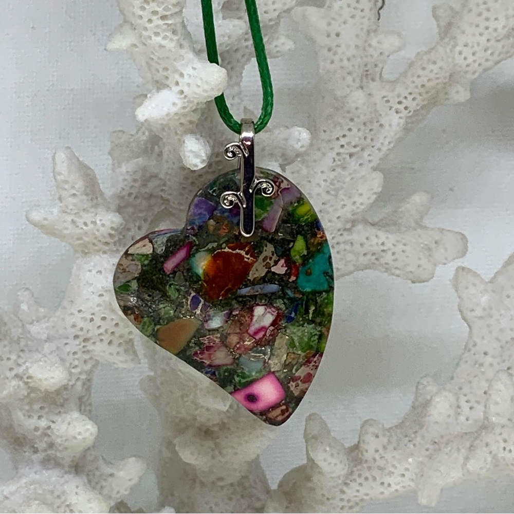 Multicolor Sea Sediment Jasper & Pyrite Heart on an Angle Pendant Agate Necklace